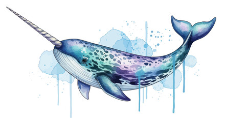 Whimsical Narwhal Watercolor Illustration with Splashes © Keset