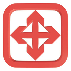 Obraz premium Move arrows button icon representing draggable element with four directional arrows inside a clickable button shape for UI panels.