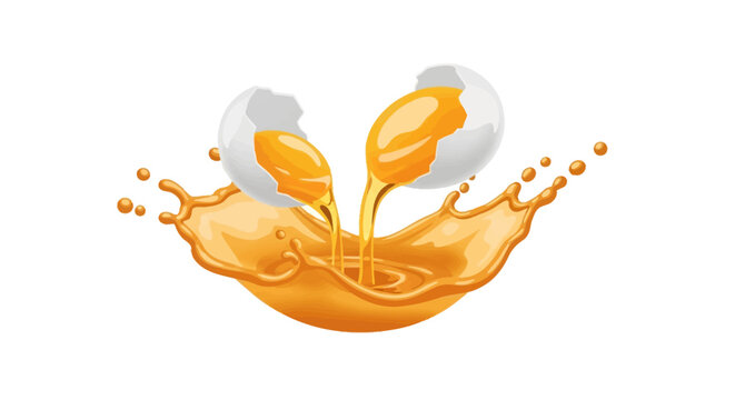 Vector illustration of two cracked white eggshells with raw golden yolks pouring into a dynamic liquid splash, isolated on a white background, representing cooking and baking.