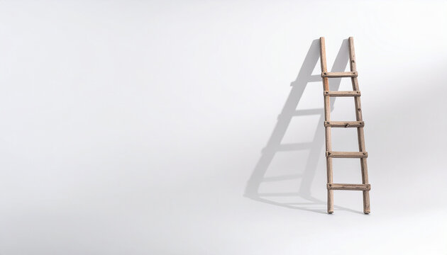 Rustic wooden ladder leaning against a white wall casting a long shadow