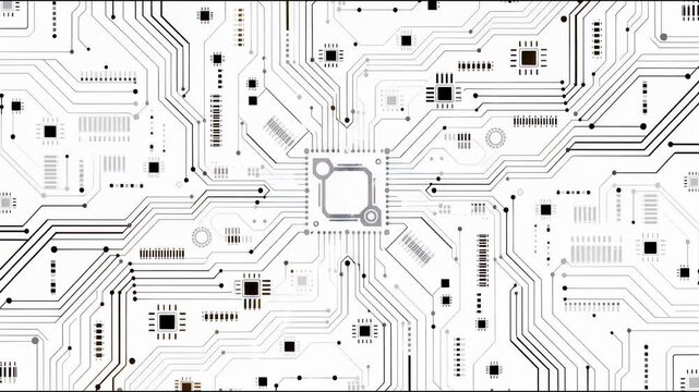 Abstract digital circuit board design with microchips and connecting lines for technology and electronics concept