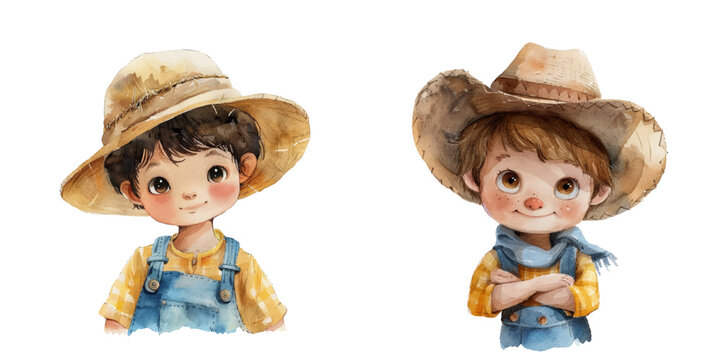 cute kid farmer watercolor vector illustration