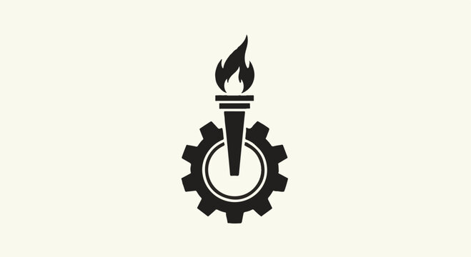 Torch icon rises from the center of a mechanical gear to symbolize progress.