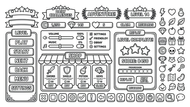 Gaming ui kit with menu buttons shop interface level complete screens and icons set vector.