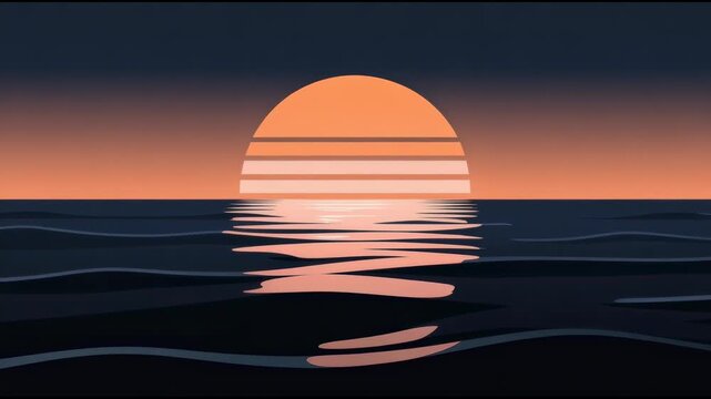 Abstract digital art of sunset over calm ocean with warm orange sky and smooth water reflections