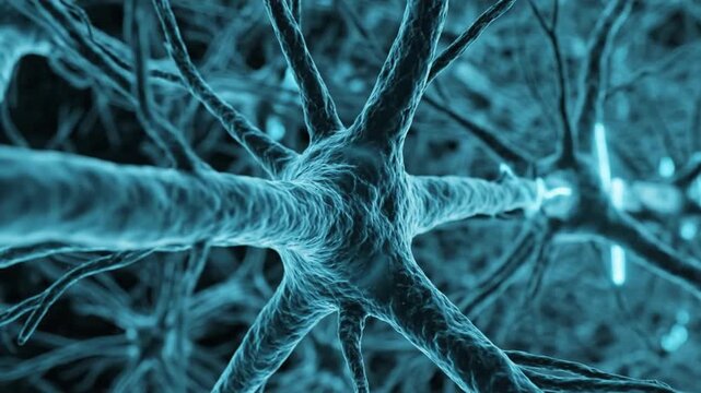 3D abstract medical animation of neurons firing with glowing blue electrical impulses or heart rate pulse, representing brain activity, artificial intelligence, neuroscience, and synaptic connectivity