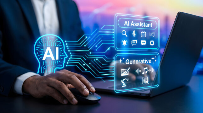 Driving Digital Future Professional Engages Advanced AI Assistant and Generative Technology on Laptop, Highlighting Innovation, Smart Solutions, and Next-Gen Computing Interaction