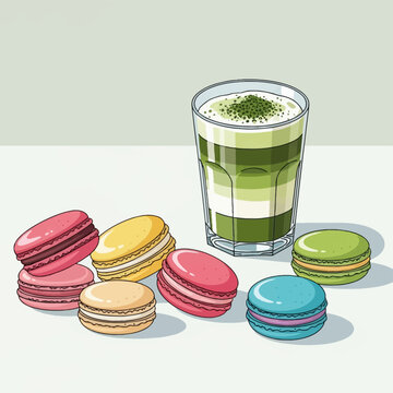 Vector illustration of a layered matcha green tea latte in a glass with foam, accompanied by a collection of multi-colored French macarons on a neutral, minimal background.