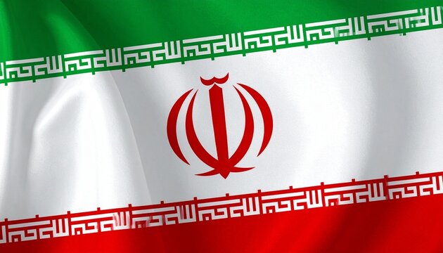 "Iran flag with green, white, red stripes, central red emblem, Kufic script borders, symbolizing heritage, culture, unity, tradition, resilience."