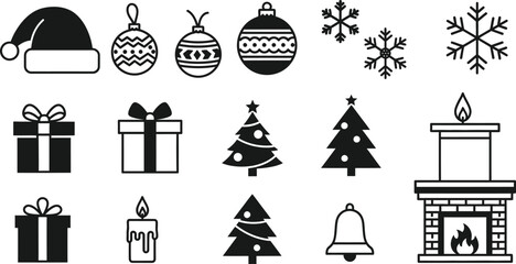 Fototapeta premium Black and white christmas icons set isolated on transparent background