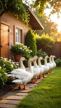 Seven white geese stand in a row beside a cobblestone path in front of a small wooden building with sunlight shining through the trees