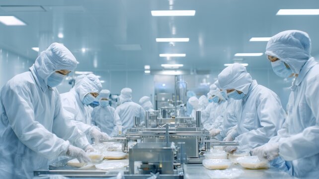 作業着を着た工場の作業員たちが製造ラインで作業している様子。食品工場やクリーンルームでの衛生管理された生産シーン向け素材
