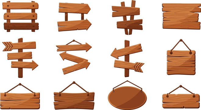 Collection of various wooden signs and direction pointers with rustic texture arrow