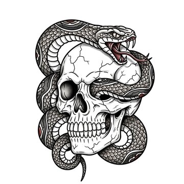 Black and white hand drawn illustration of a dangerous snake coiled tightly around a human skull in tattoo style