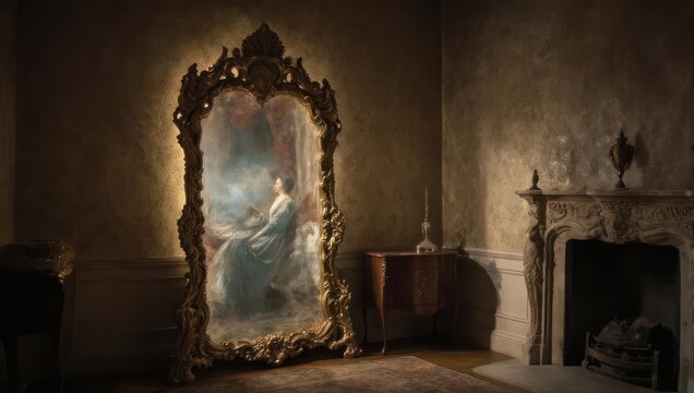 Ornate Mirror Reflecting a Ghostly Figure in a Dimly Lit Room.