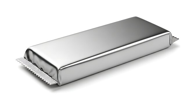 Blank silver foil packaging wrapper mockup isolated on white background.