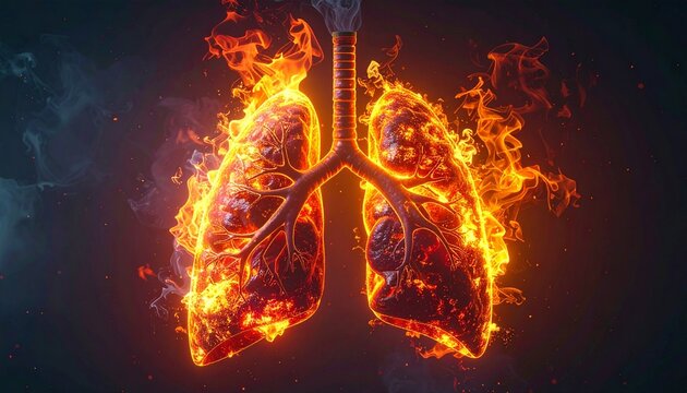 A digital illustration of glowing fiery lungs, symbolizing respiratory vitality, inflammation, disease, energy, and pulmonary health visualization.