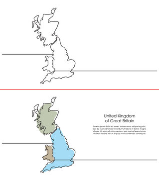 Continuous line drawing of united kingdom of great britain map. Map concept for Education, Travel between cities in great britain, infographics, Science, Web Presentations single line art style.