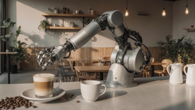 Robot Barista Preparing Coffee in a Cafe.