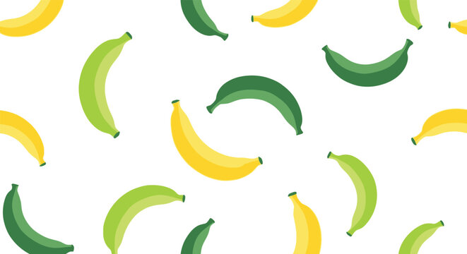 Seamless pattern of yellow and green bananas on white background.