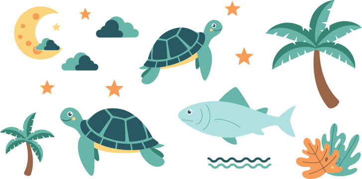 Two cartoon turtles, a fish, palm trees, moon, clouds, stars, and leaves on a white background, sea turtle