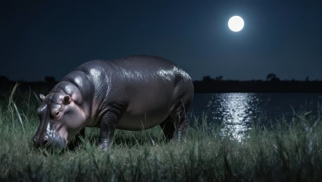 Hippo Grazing Under Moonlight - A Serene Nighttime Scene.