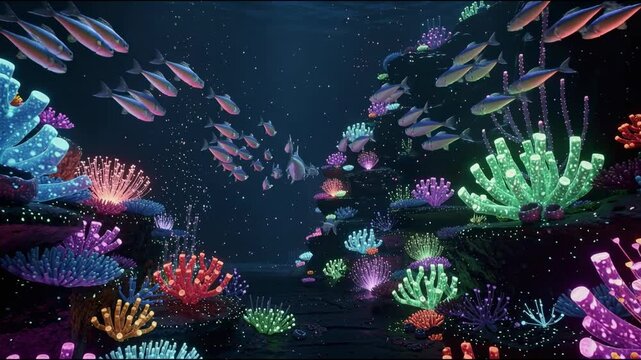 Colorful underwater coral reef with diverse fish and glowing marine life in deep ocean scenery