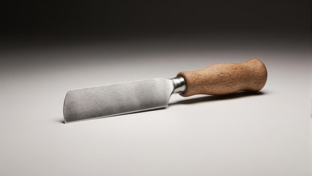 Wood Chisel Tool with Wooden Handle on White Surface.