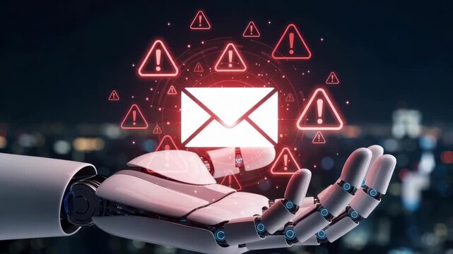 Robotic hand holding warning email symbol.