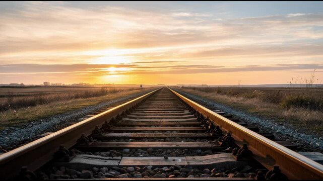 Scenic sunset view of empty railroad tracks stretching across open countryside landscape