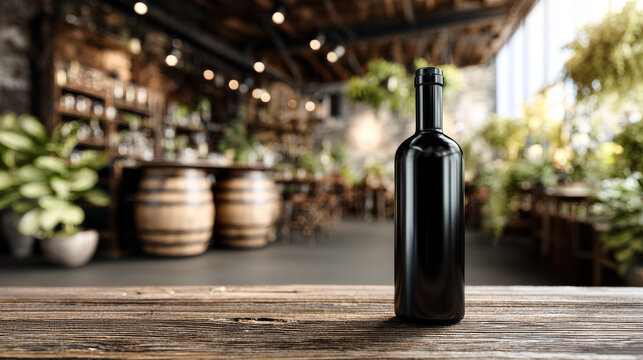 Black wine bottle mockup on rustic wooden table with blurred cozy bar interior and natural light creating warm atmosphere