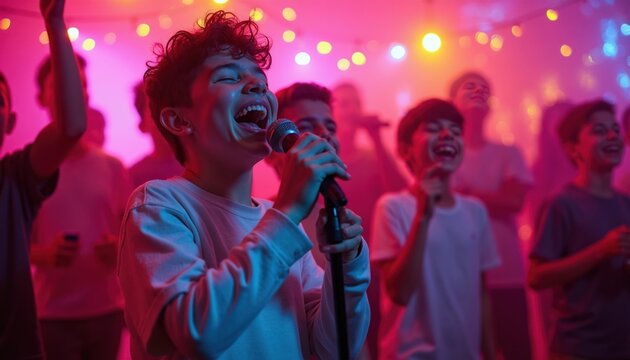 Boys sing with microphones in colorful room. Kids have fun at party singing song. Children enjoy karaoke night, cheerful mood, bright lights and music.