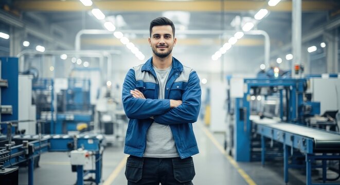 Young Man in Blue Work Jacket Standing Confidently in Modern Manufacturing Facility