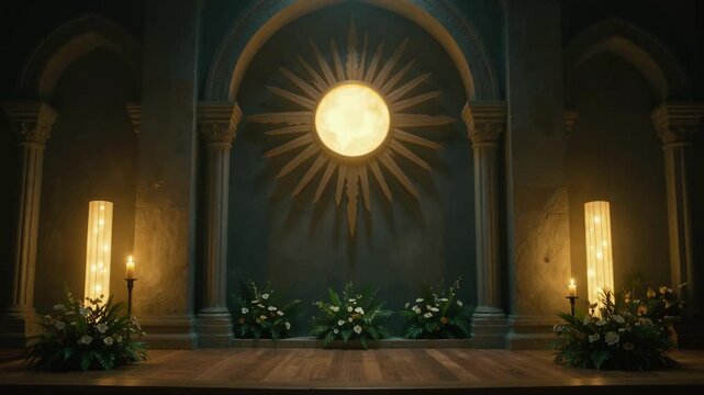 Majestic Sunburst Emblem Glowing on Ancient Stone Wall in Dramatic Cinematic Interior Setting