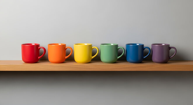 mug cup rainbow color row shelf wood wall background kitchen office breakfast morning beverage drink container
