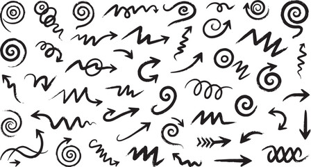 Fototapeta premium Hand Drawn Gritty Ink Spiral Arrows and Textured Curly Scribble Directional Pointers Set
