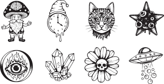 Hand Drawn Trippy Psychedelic Tattoo Flash Set with Mushroom Gnome Melting Clock and Occult Cat Icons