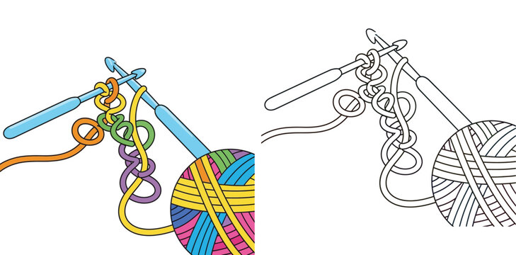 Hand-drawn Illustration of Crochet Hooks with Colorful Yarn Loops and a Ball of Yarn, Including a Black and White Outline Version for Kids Coloring Activity and Creative Hobby Projects