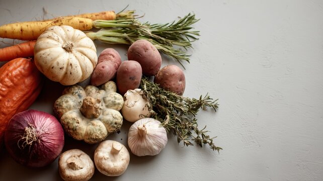 様々な種類のかぼちゃと野菜が並んでいる。料理や食材紹介のシーンに適した素材