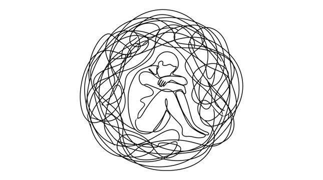 Continuous line drawing of a sad person feeling trapped inside a chaotic circle of tangled thoughts.
