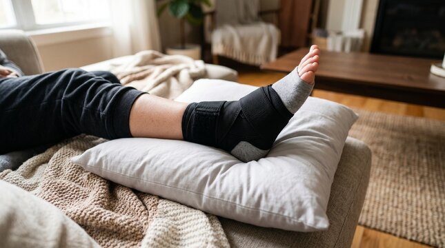 Injured person resting a foot with a support brace on a pillow at home