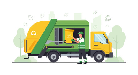 Naklejka premium Sanitation worker collecting trash bin with recycling symbol near garbage truck