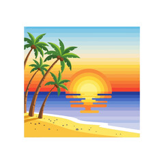 Obraz premium Pixel Art Tropical Beach Sunset with Palm Trees and Ocean Reflection
