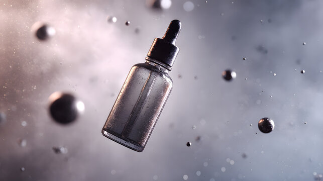 Luxury serum dropper bottle floating with air bubbles in atmospheric lighting.