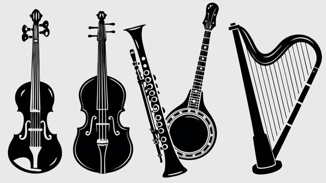 classical musical instruments collection silhouette illustration set for orchestra folk and acoustic music design
