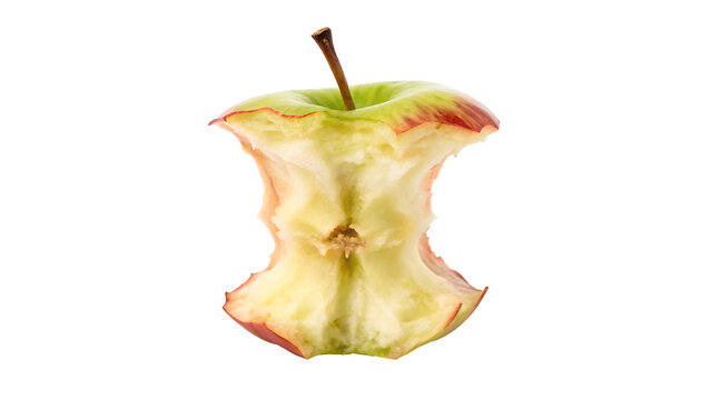 A bitten red apple core with visible seeds isolated on transparent background for healthy eating concepts