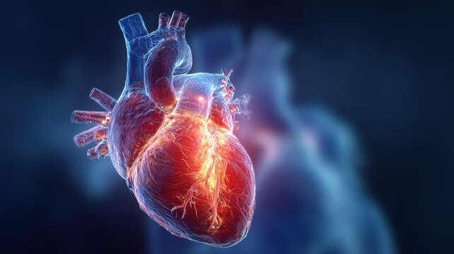 人体の心臓の3Dモデルが鮮明に描写されている。医療や健康関連の資料や教育コンテンツに適したイメージ