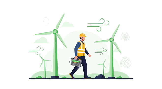 Wind Turbine Technician Walking with Tool Box Near Windmills