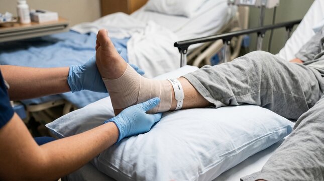 Nurse wrapping elastic bandage on patient ankle in hospital room