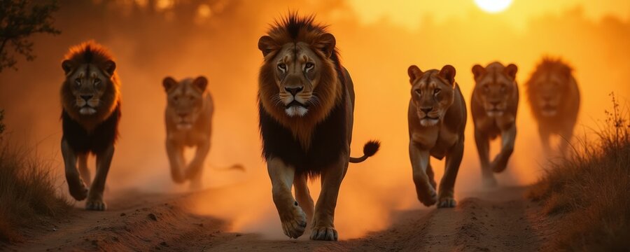 Male lion leads pride through dusty savanna at sunset. Big cats walk on dirt path together, powerful animals in warm light. Wildlife herd moves as one.